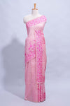 Pink colour munga cotton vertical thread lines thread weaving border with floral jaal thread pichwai pallu and self small butta blouse