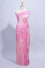 Pink colour munga cotton vertical thread lines thread weaving border with floral jaal thread pichwai pallu and self small butta blouse