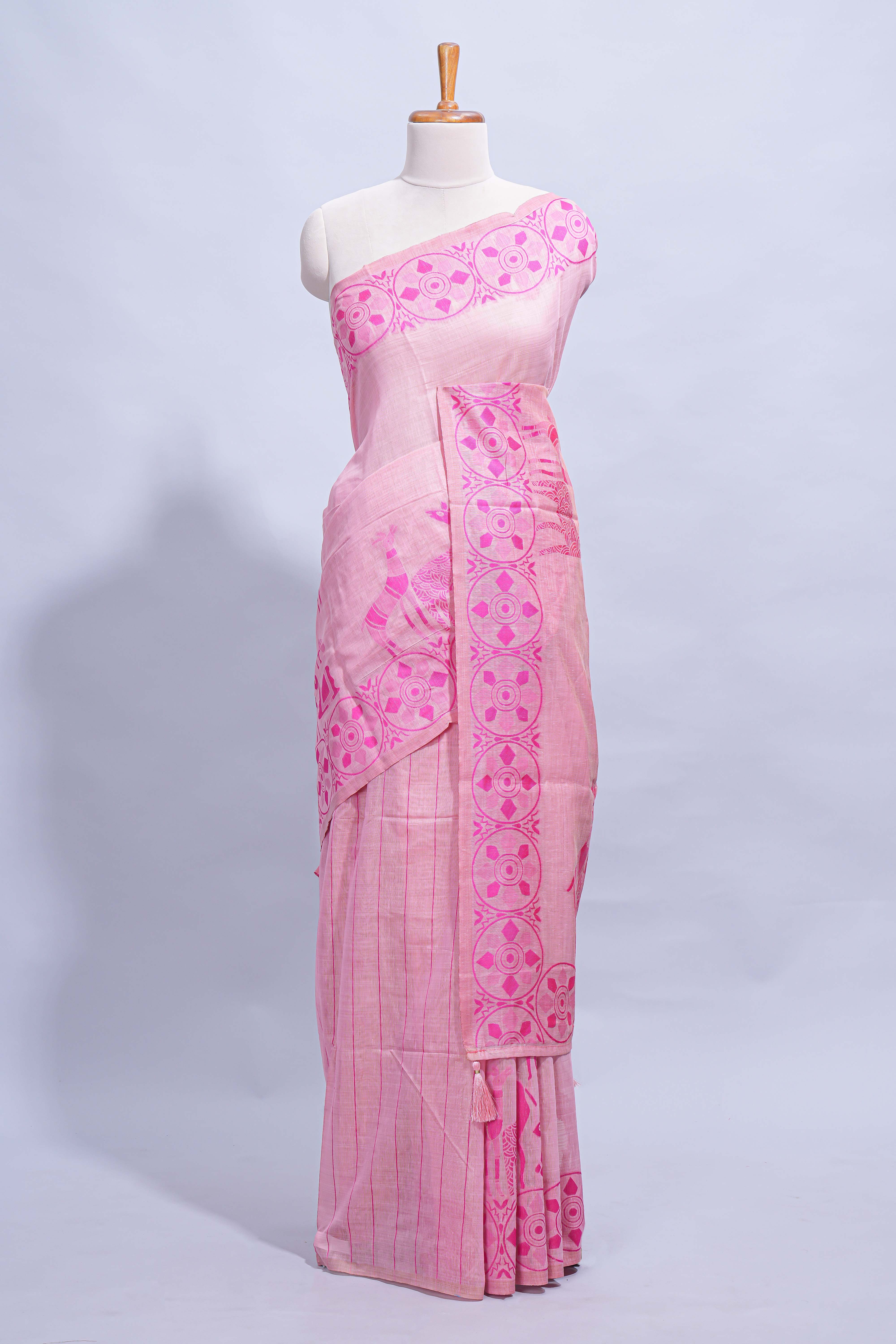 Pink colour munga cotton vertical thread lines thread weaving border with floral jaal thread pichwai pallu and self small butta blouse