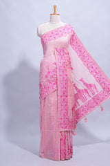 Pink colour munga cotton vertical thread lines thread weaving border with floral jaal thread pichwai pallu and self small butta blouse