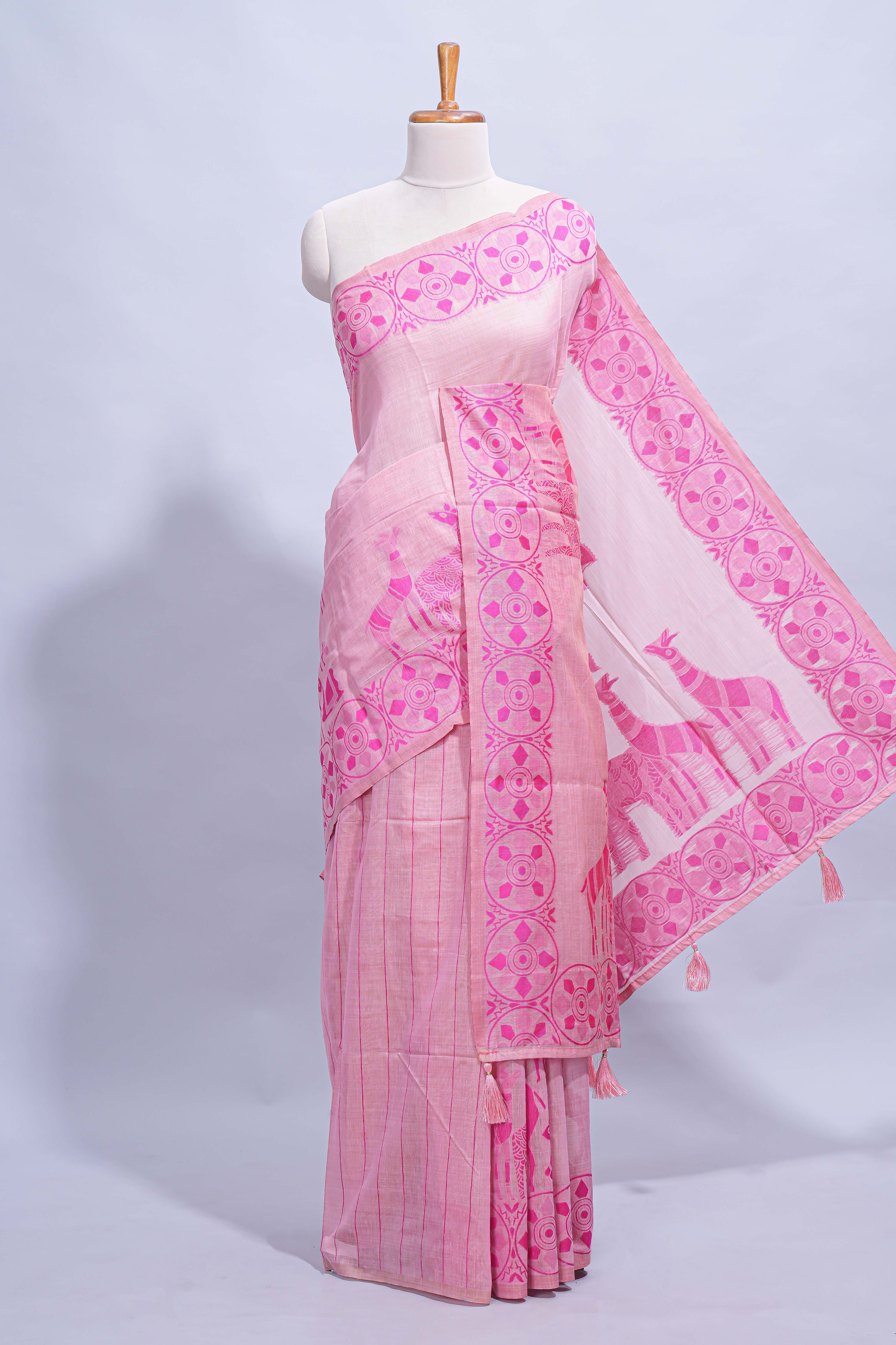 Pink colour munga cotton vertical thread lines thread weaving border with floral jaal thread pichwai pallu and self small butta blouse