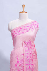 Pink colour munga cotton vertical thread lines thread weaving border with floral jaal thread pichwai pallu and self small butta blouse