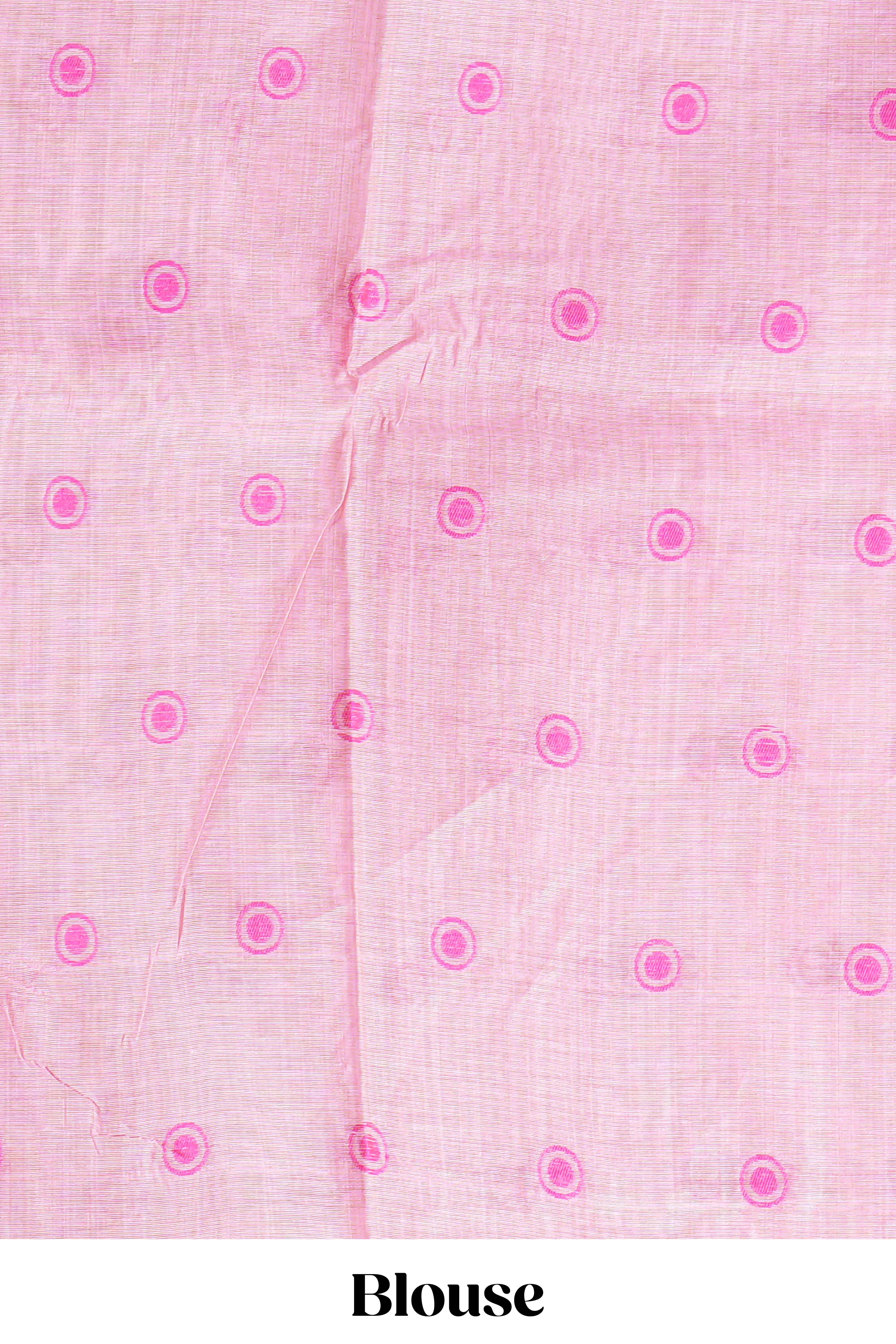 Pink colour munga cotton vertical thread lines thread weaving border with floral jaal thread pichwai pallu and self small butta blouse