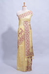 Powder Yellow colour munga cotton vertical thread lines thread weaving border with floral jaal thread pichwai pallu and self small butta blouse