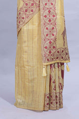 Powder Yellow colour munga cotton vertical thread lines thread weaving border with floral jaal thread pichwai pallu and self small butta blouse