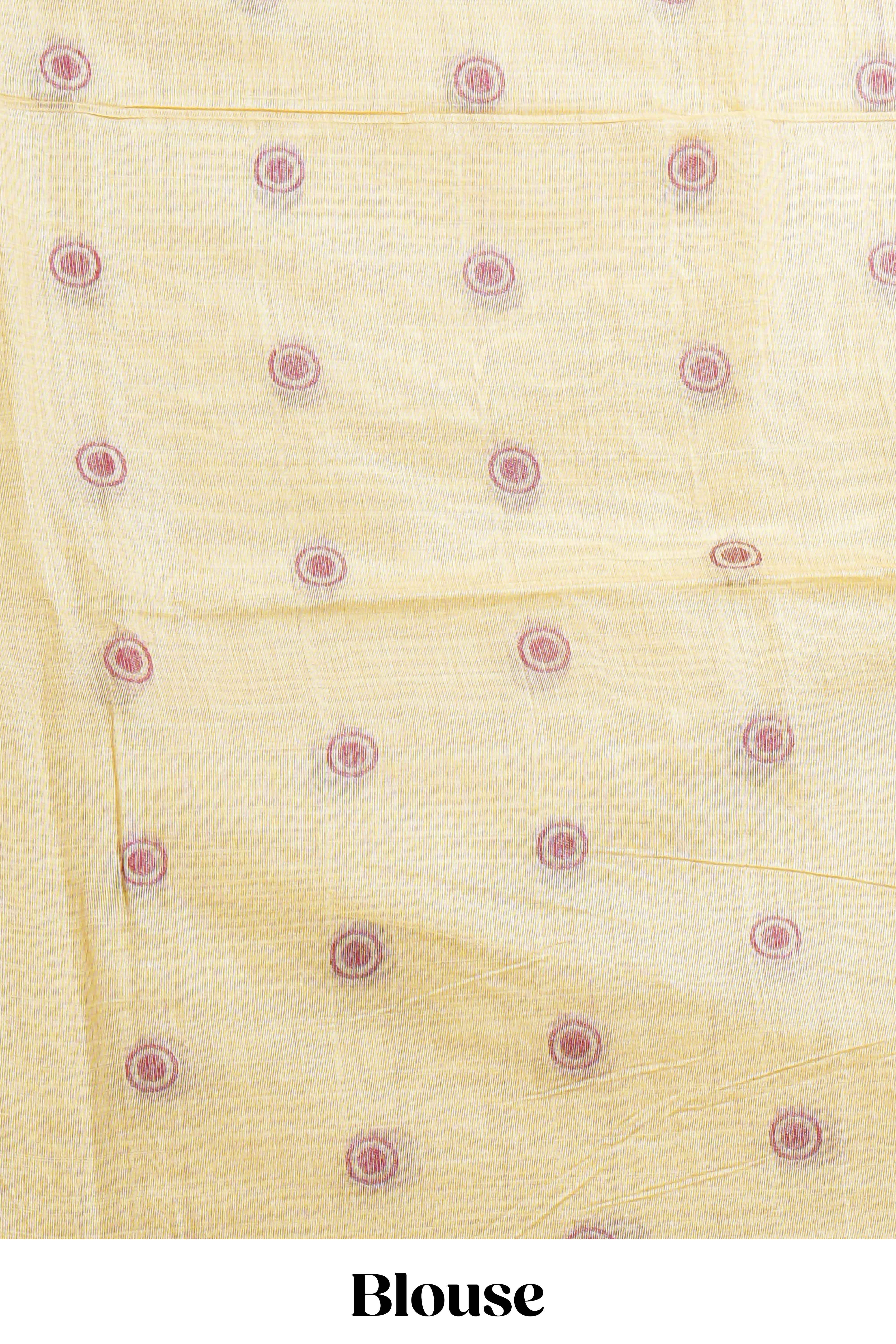 Powder Yellow colour munga cotton vertical thread lines thread weaving border with floral jaal thread pichwai pallu and self small butta blouse