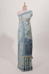 Blue munga cotton saree geometric border with peacock and floral motifs weaving and contrast blouse