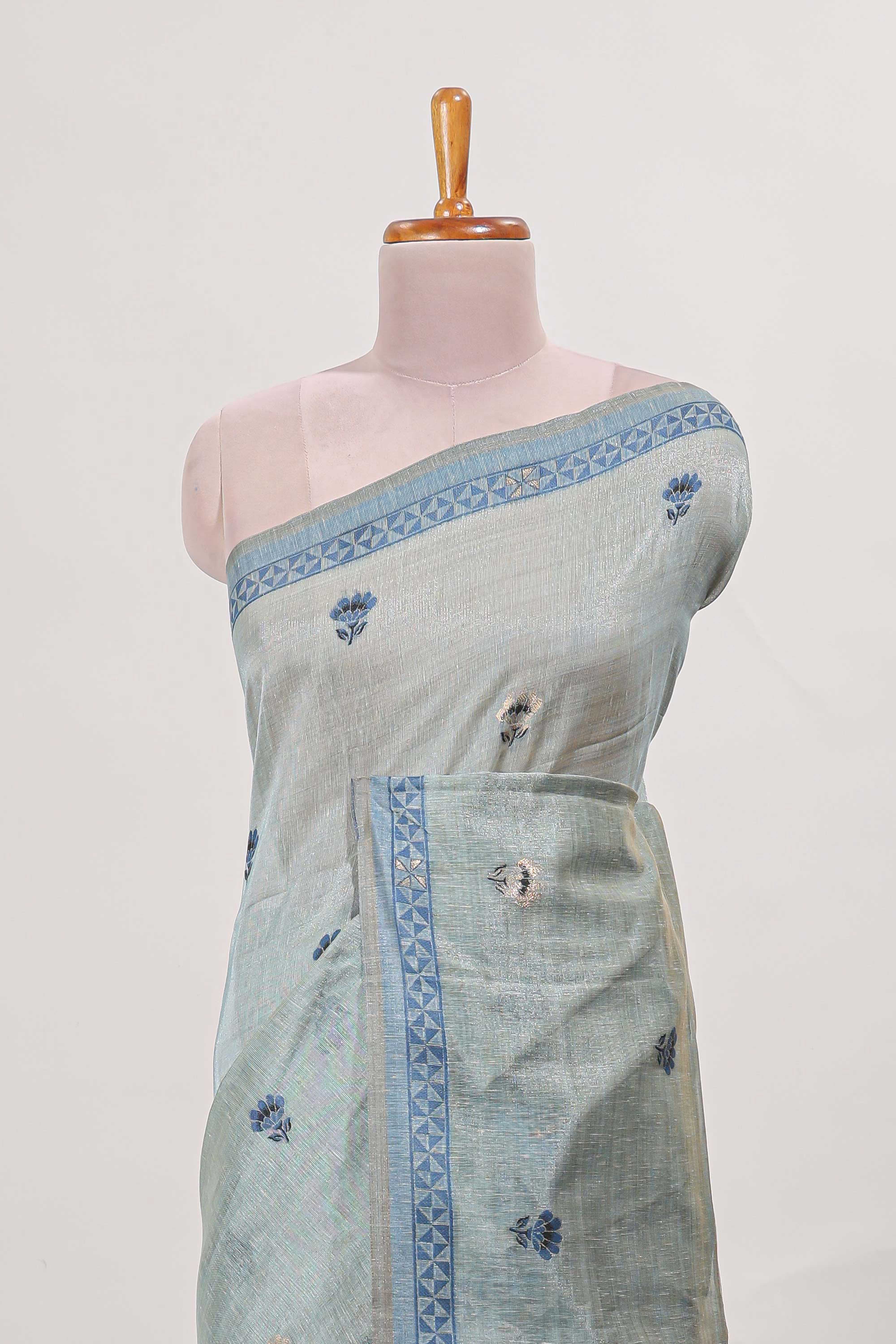 Blue munga cotton saree geometric border with peacock and floral motifs weaving and contrast blouse