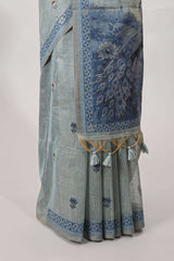 Blue munga cotton saree geometric border with peacock and floral motifs weaving and contrast blouse