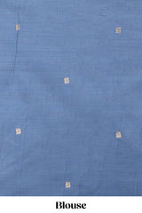Blue munga cotton saree geometric border with peacock and floral motifs weaving and contrast blouse