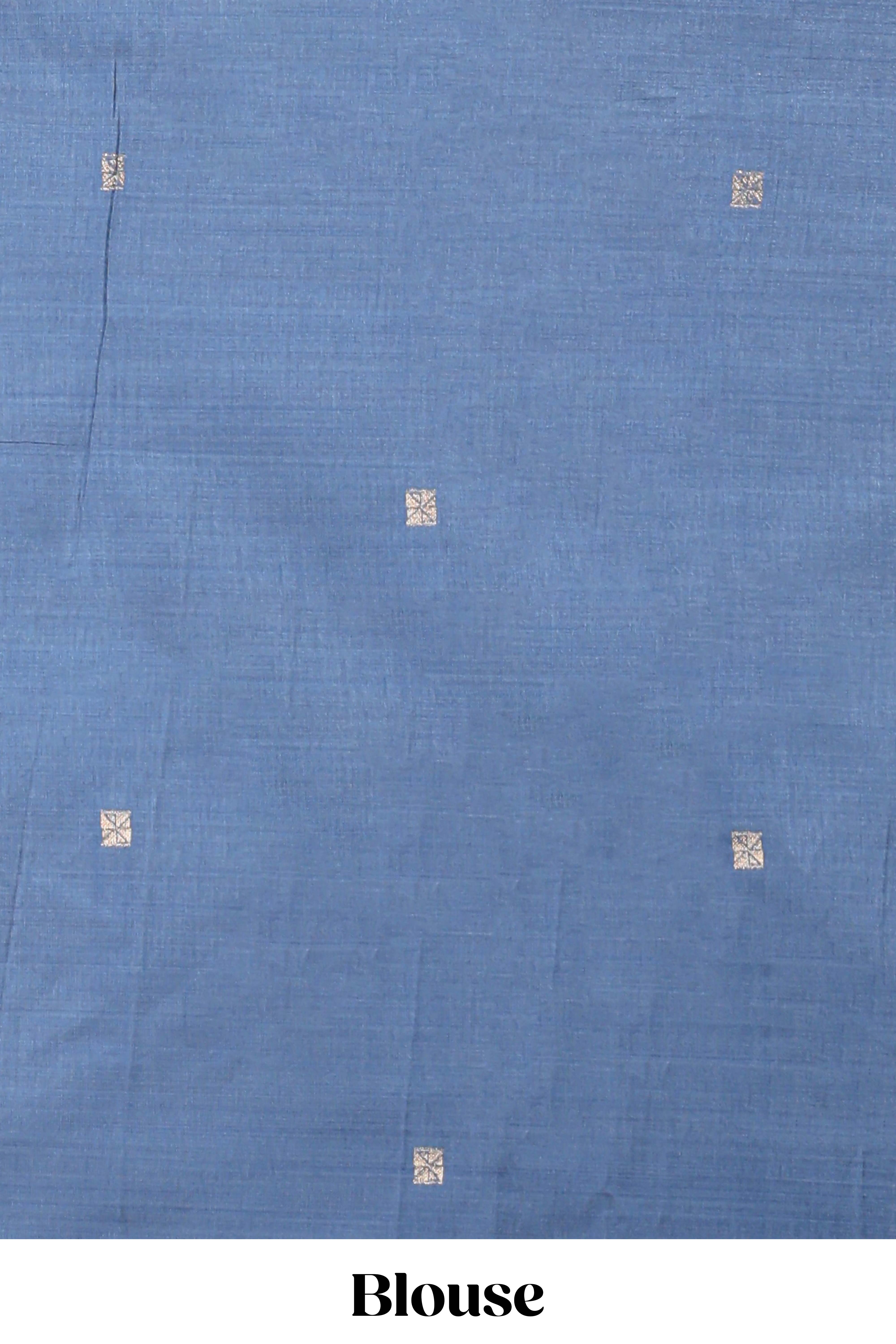 Blue munga cotton saree geometric border with peacock and floral motifs weaving and contrast blouse