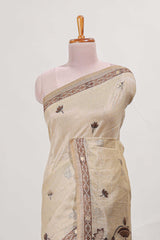 Beige munga cotton floral thread motifs thread weaving border with floral jaal thread zari pallu and contrast small butta blouse