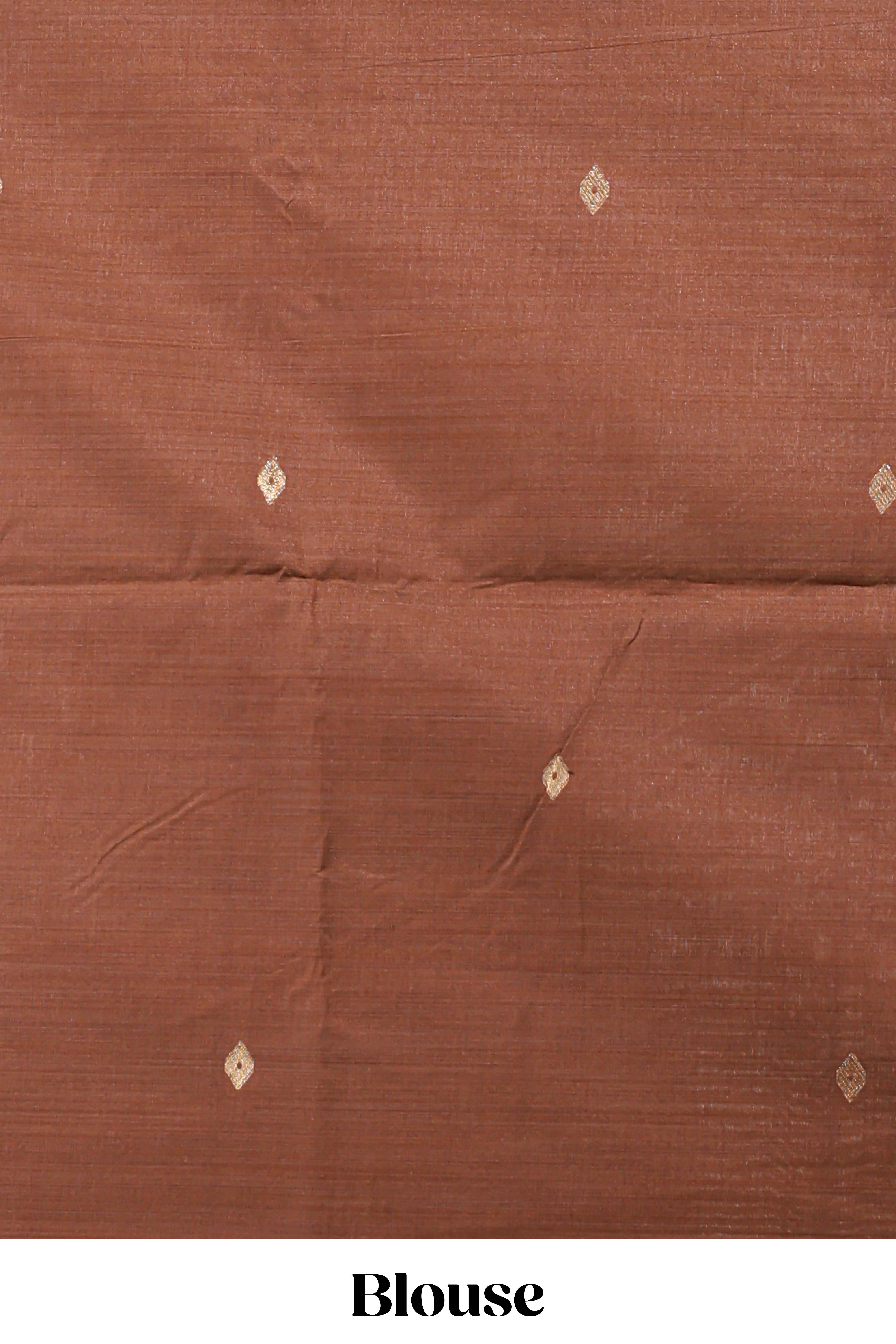 Beige munga cotton floral thread motifs thread weaving border with floral jaal thread zari pallu and contrast small butta blouse