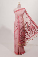 pink munga cotton floral thread motifs thread weaving border with floral jaal thread zari pallu and contrast small butta blouse