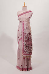 Magenta munga cotton floral thread motifs thread weaving border with floral jaal thread zari pallu and contrast small butta blouse