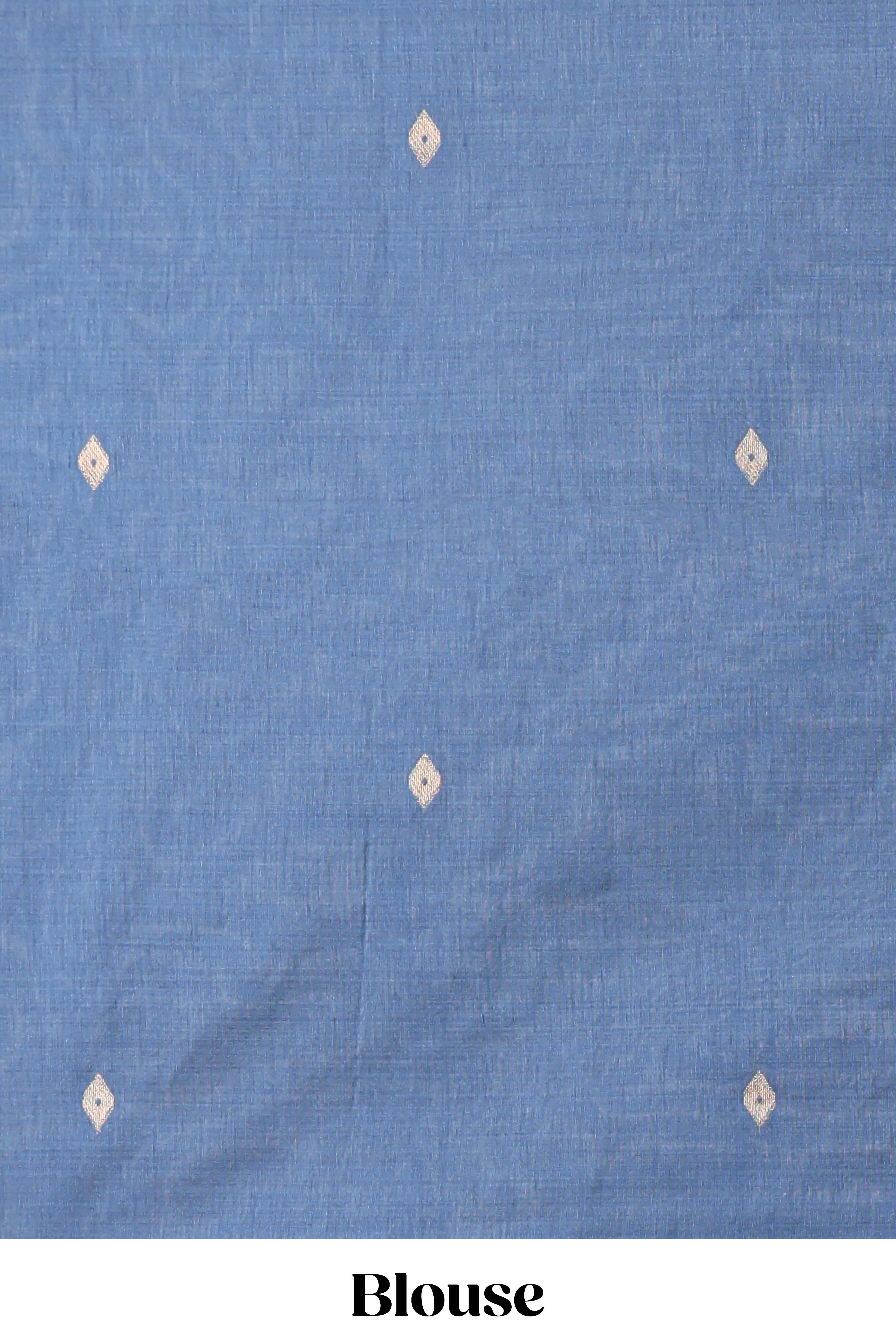 Blue munga cotton floral thread motifs thread weaving border with floral jaal thread zari pallu and contrast small butta blouse