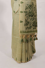 Green munga cotton floral thread motifs thread weaving border with floral jaal thread zari pallu and contrast small butta blouse
