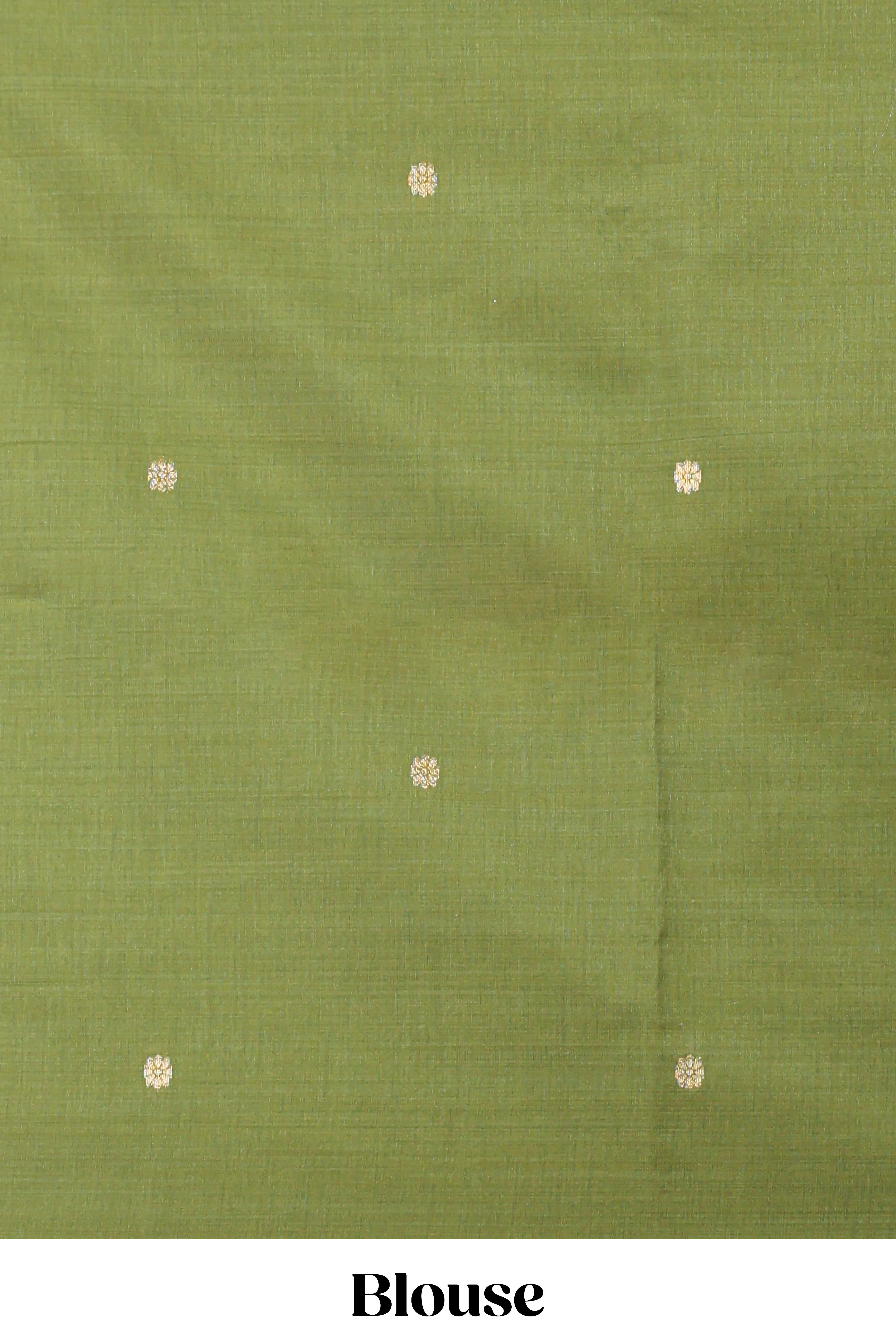 Green munga cotton floral thread motifs thread weaving border with floral jaal thread zari pallu and contrast small butta blouse