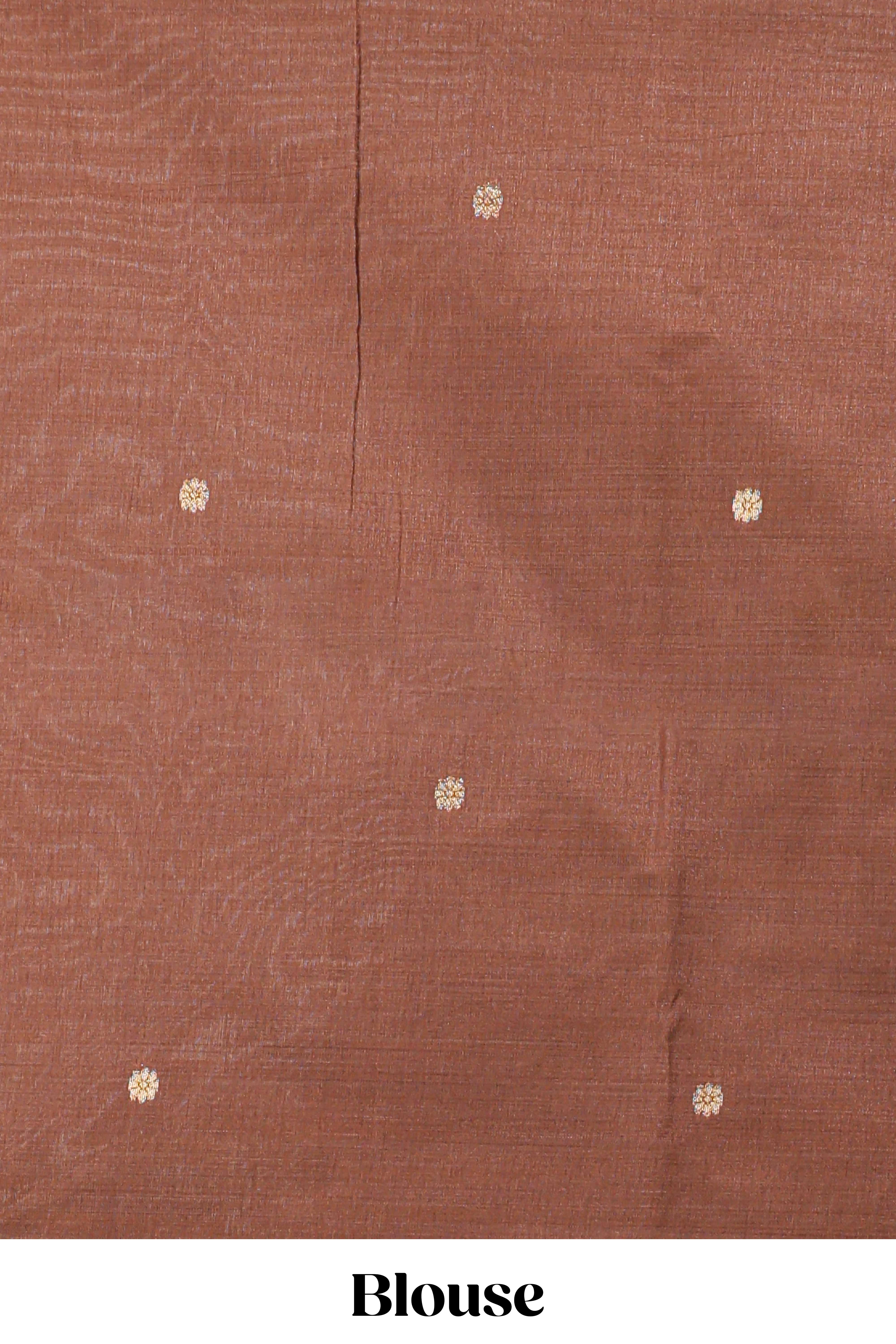 Beige munga cotton floral thread motifs thread weaving border with floral jaal thread zari pallu and contrast small butta blouse