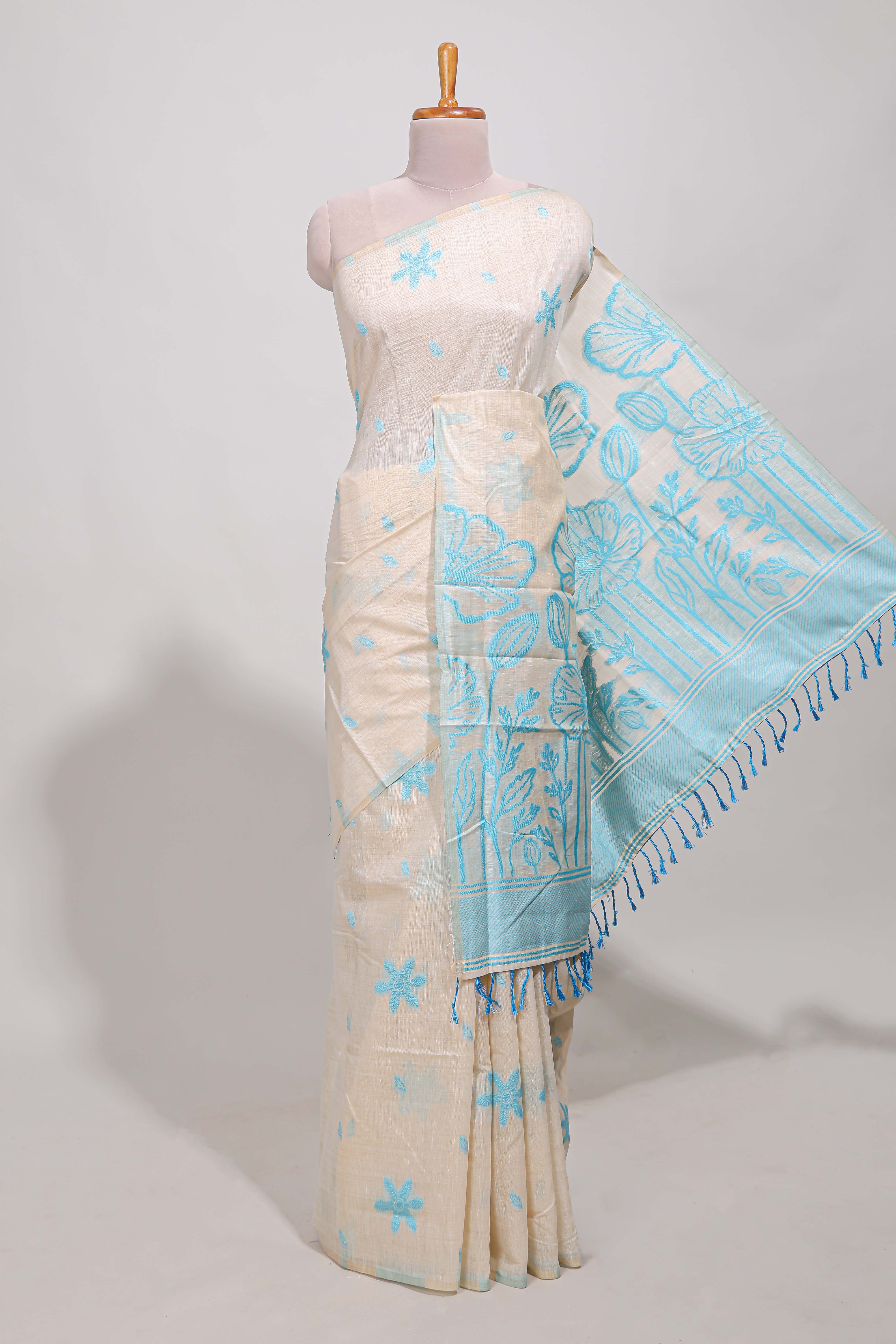 Powder blue floral printmunga cotton sareewith matching floral print pallu along with tassles