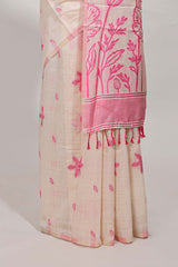 Pink floral printmunga cotton sareewith matching floral print pallu along with tassles