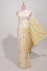 Powder yellow floral printmunga cotton sareewith matching floral print pallu along with tassles