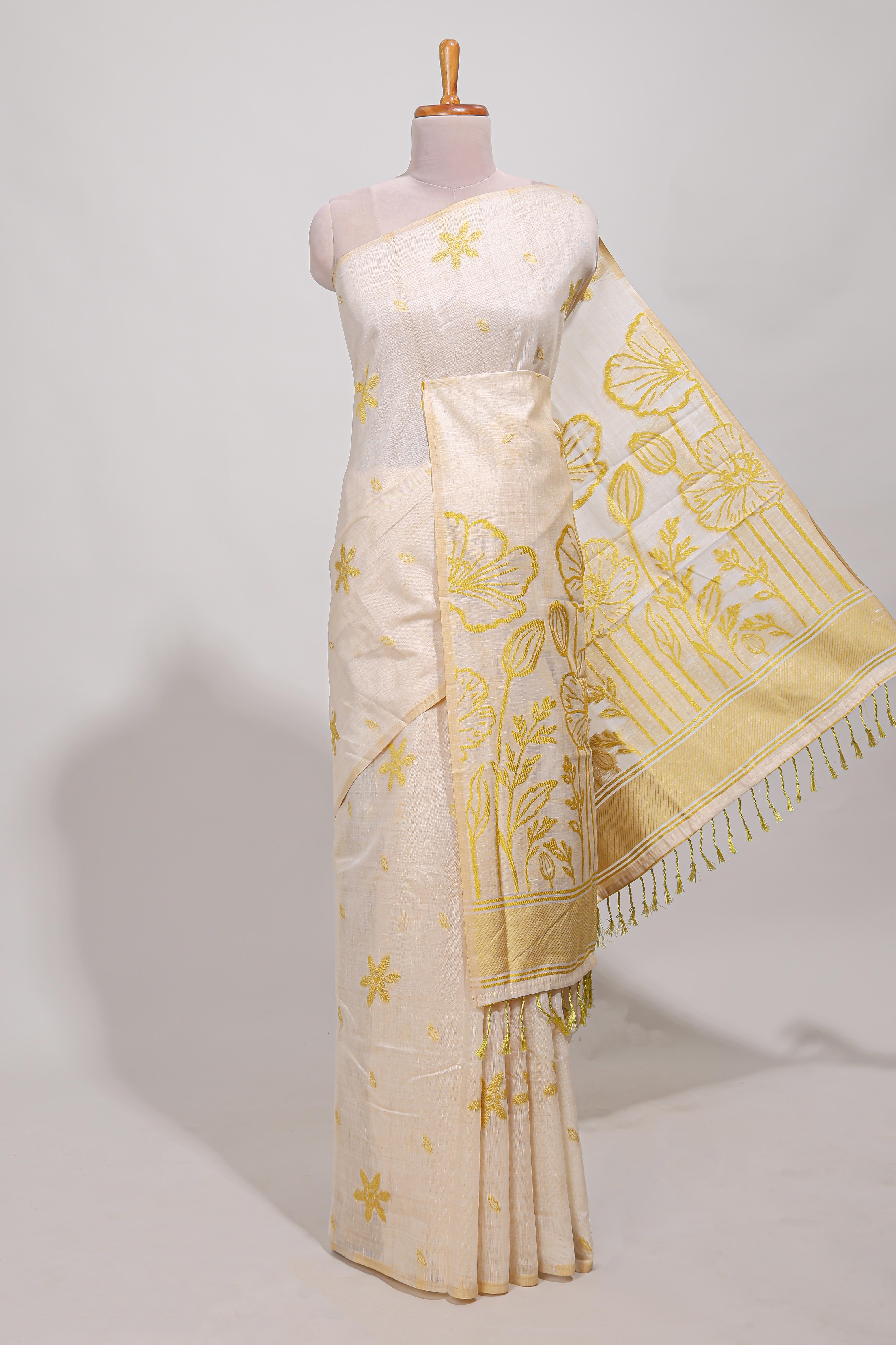 Powder yellow floral printmunga cotton sareewith matching floral print pallu along with tassles