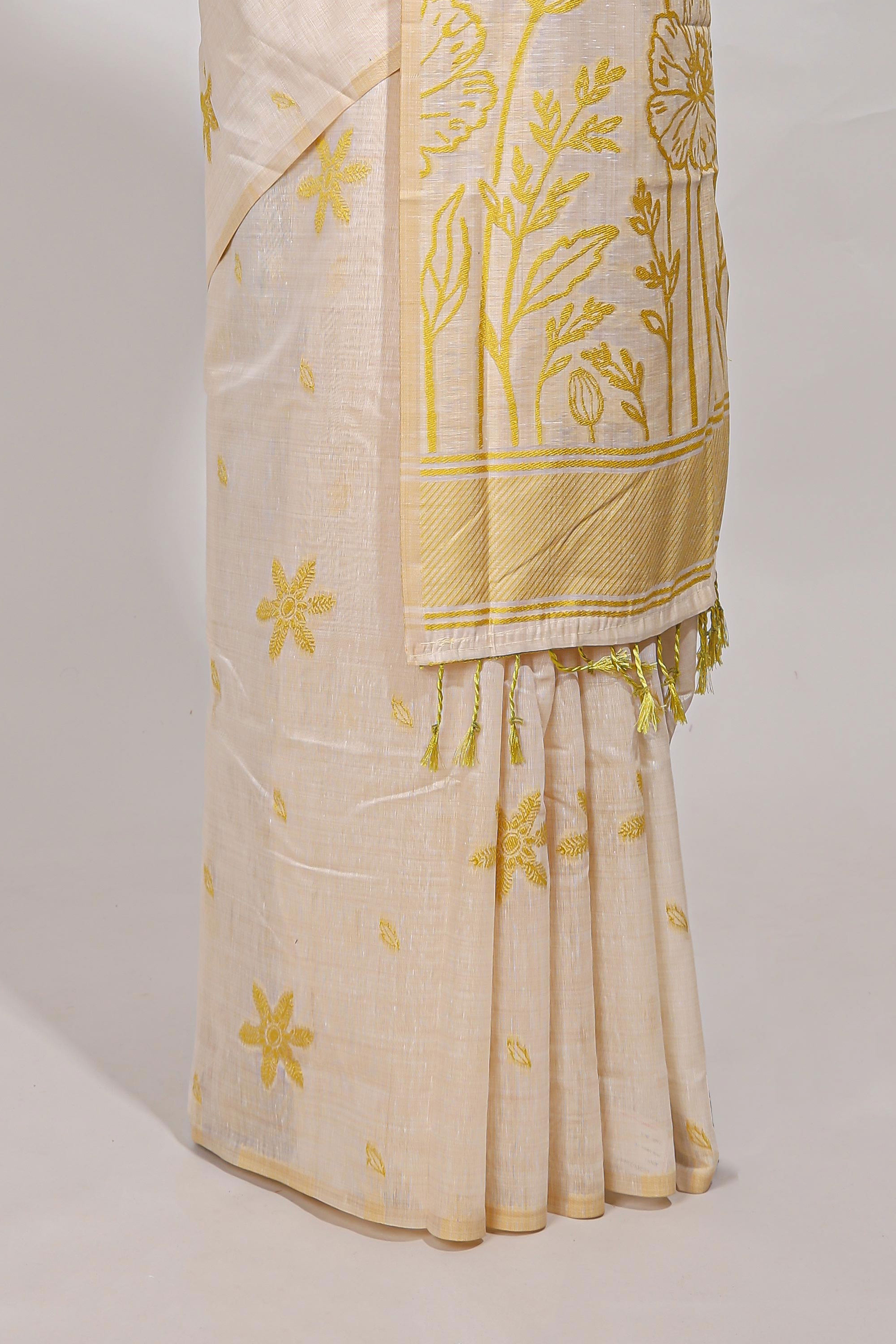 Powder yellow floral printmunga cotton sareewith matching floral print pallu along with tassles