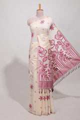 Pink floral printmunga cotton sareewith matching floral print pallu along with tassles