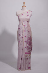 Magenta munga cotton all over floral thread motifs thread weaving border with floral jaal thread zari pallu and contrast small butta blouse