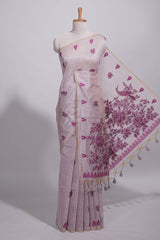 Magenta munga cotton all over floral thread motifs thread weaving border with floral jaal thread zari pallu and contrast small butta blouse