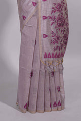 Magenta munga cotton all over floral thread motifs thread weaving border with floral jaal thread zari pallu and contrast small butta blouse