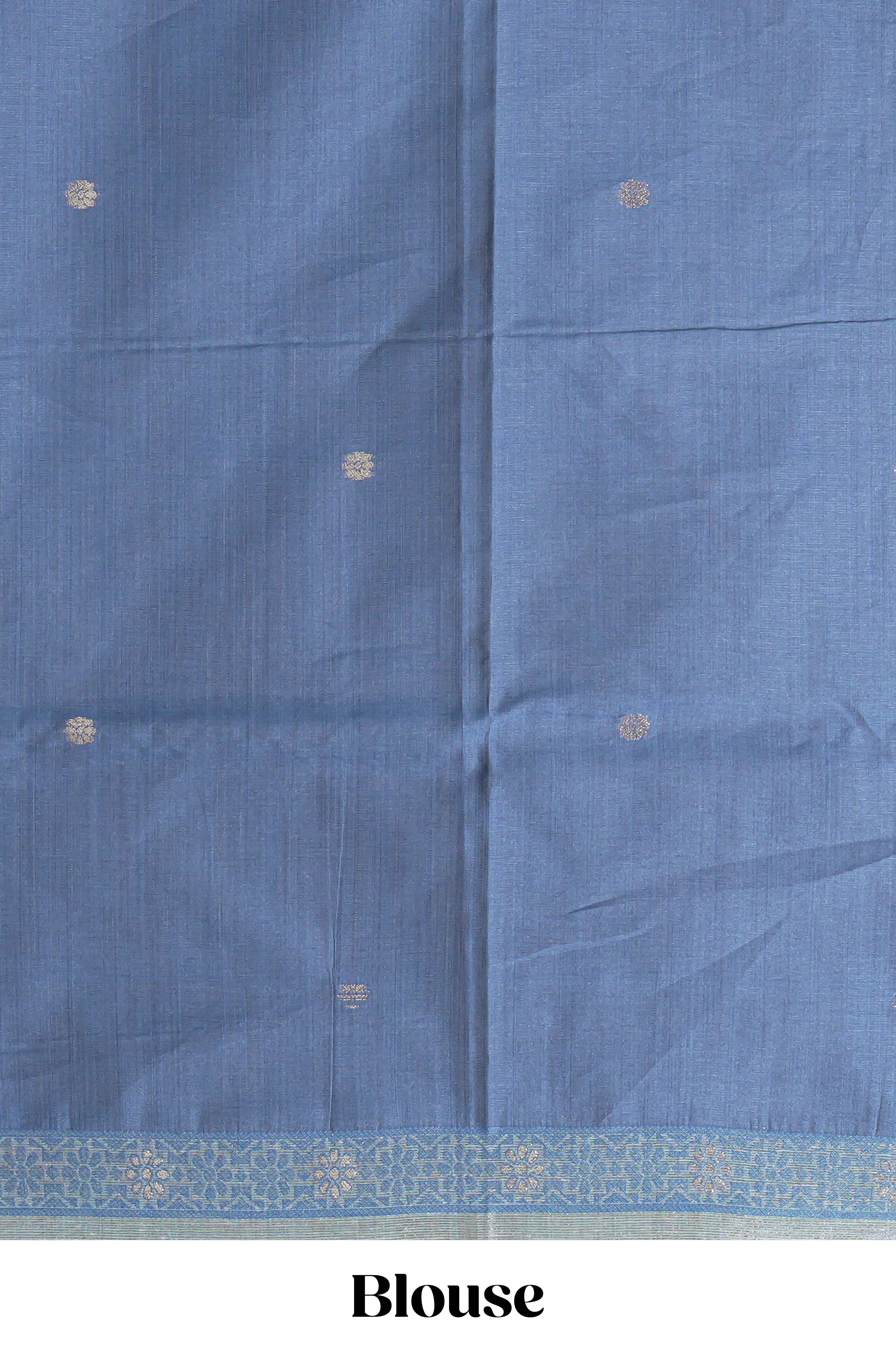 Blue munga cotton all over floral thread motifs thread weaving border with floral jaal thread zari pallu and contrast small butta blouse