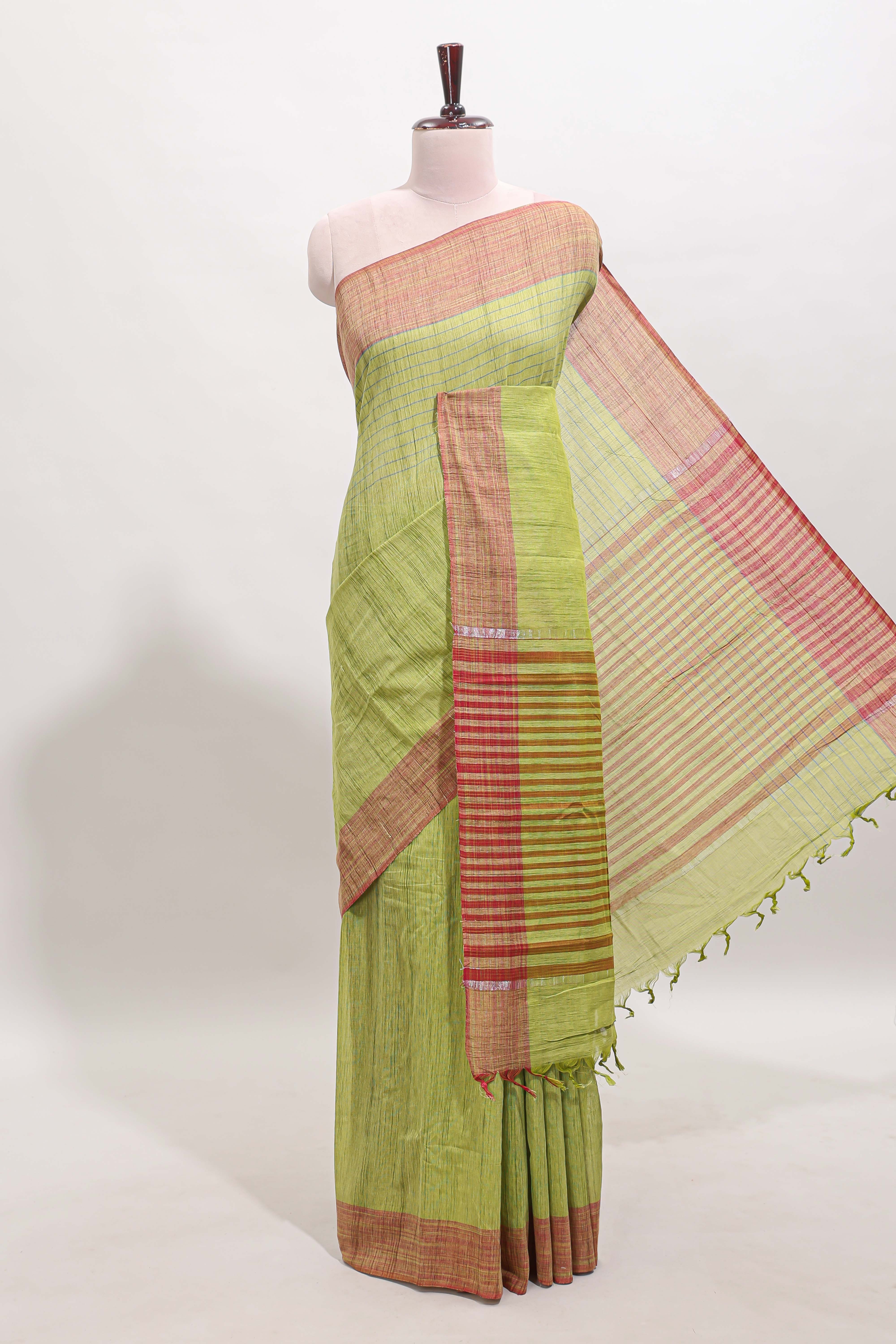 Green striped mangalagiri cotton saree with contrast border and striped pallu with blouse