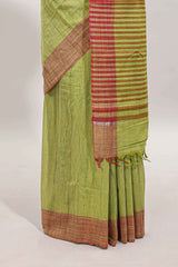 Green striped mangalagiri cotton saree with contrast border and striped pallu with blouse