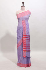 Lavender striped mangalagiri cotton saree with contrast border and striped pallu with blouse