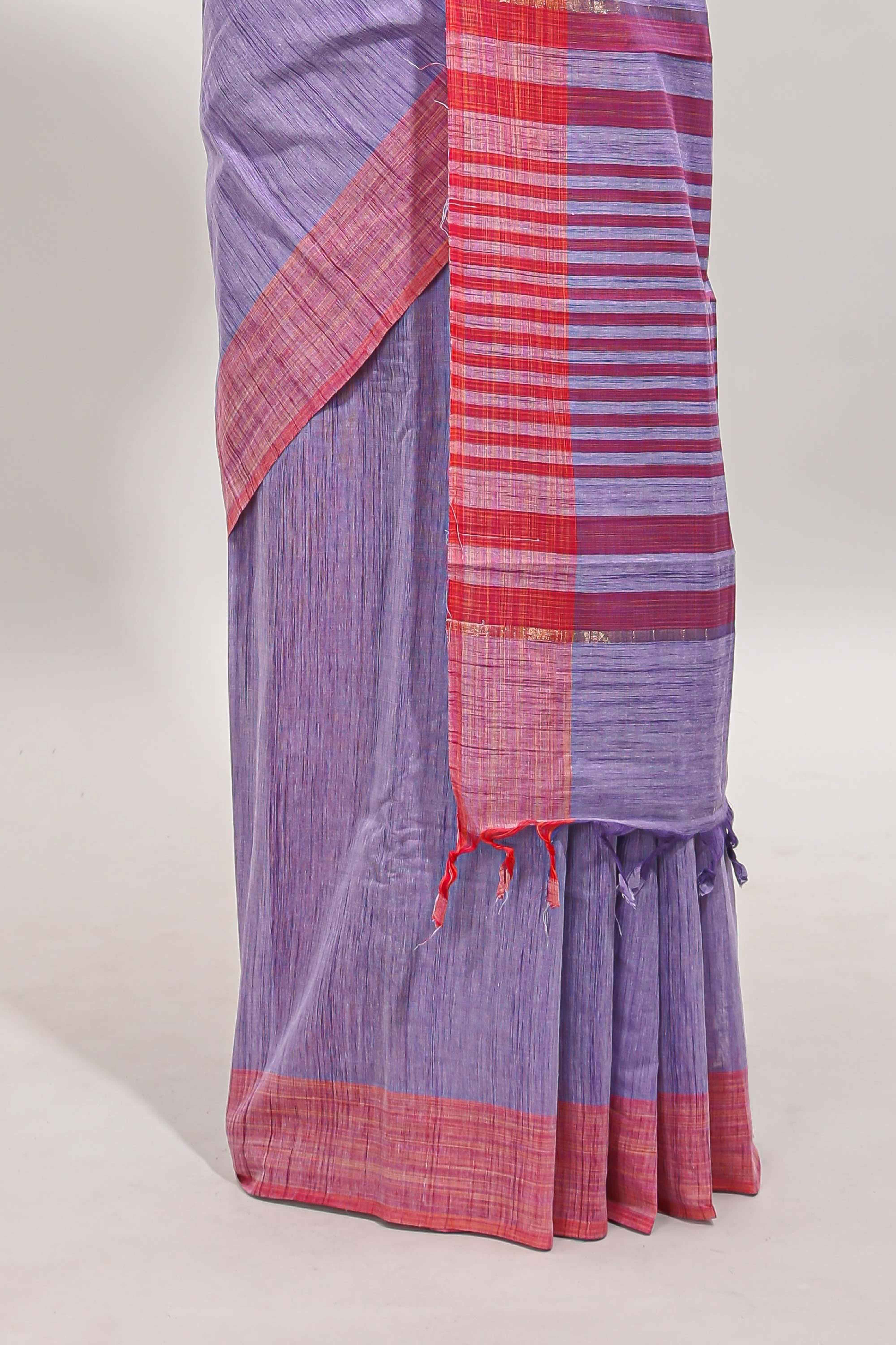 Lavender striped mangalagiri cotton saree with contrast border and striped pallu with blouse