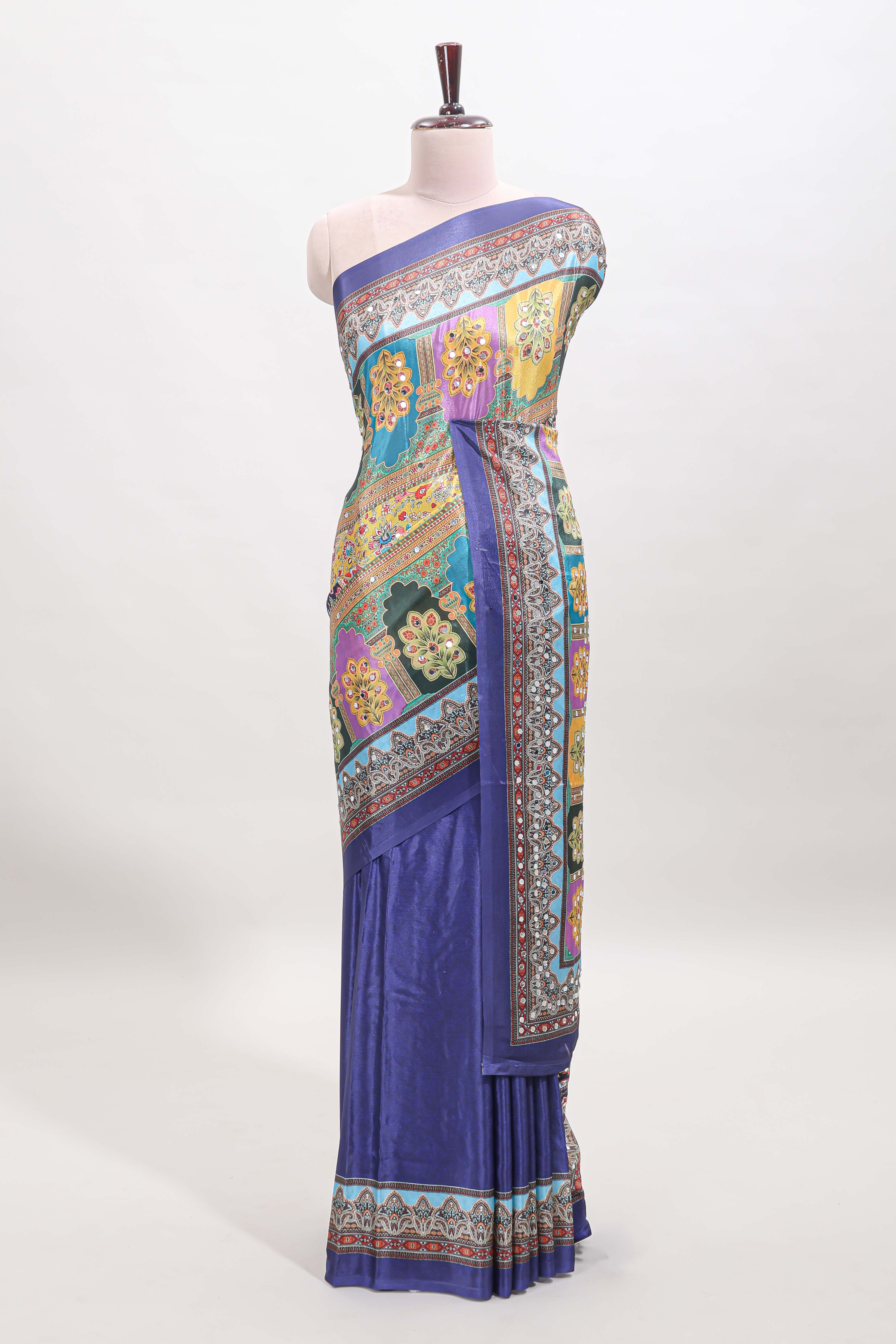 Blue floral design mirror work masakali saree with self border and matching blouse