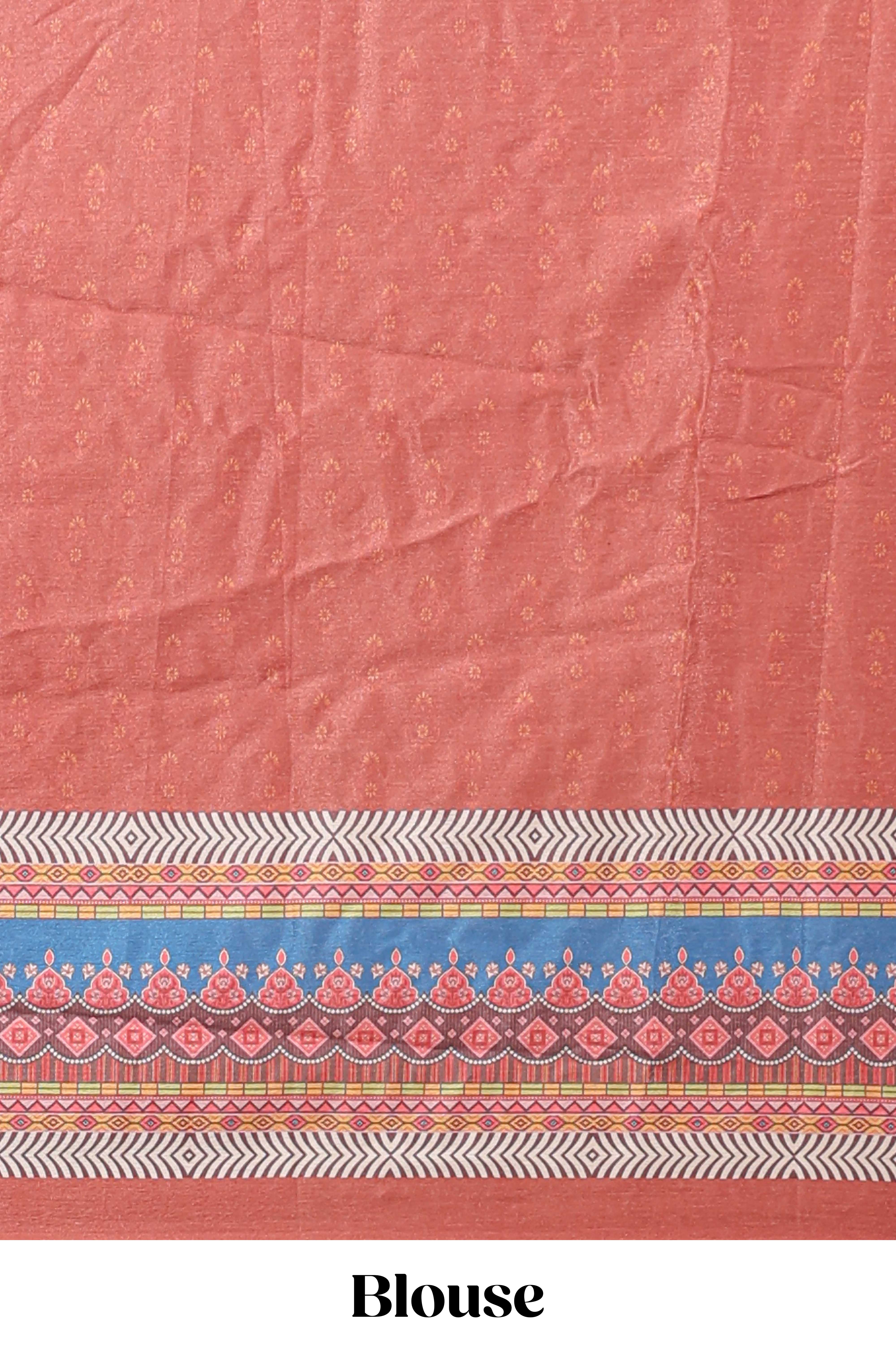 Brick red floral design mirror work masakali saree with self border and matching blouse