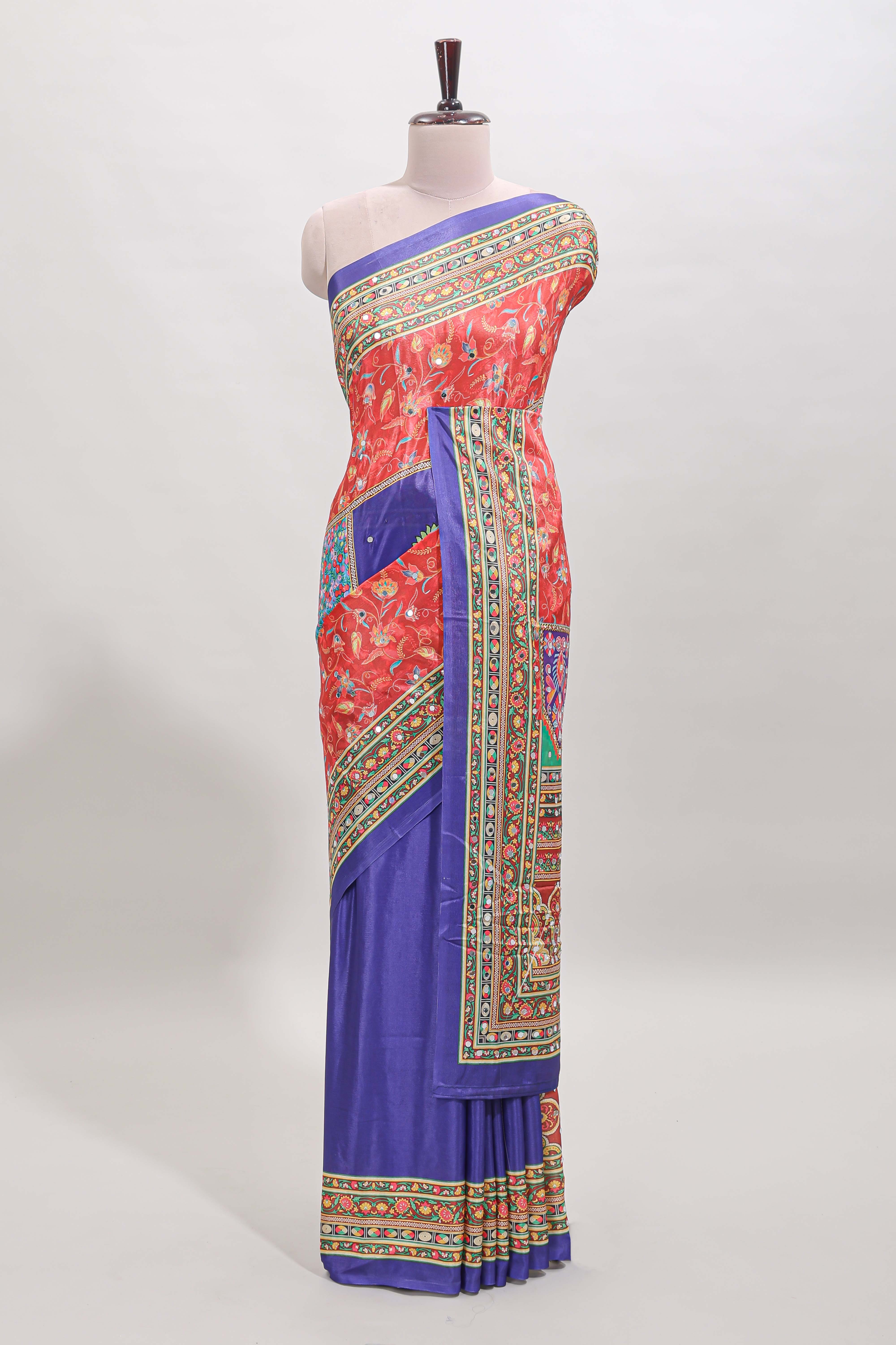 Violet floral design mirror work masakali saree with self border and matching blouse