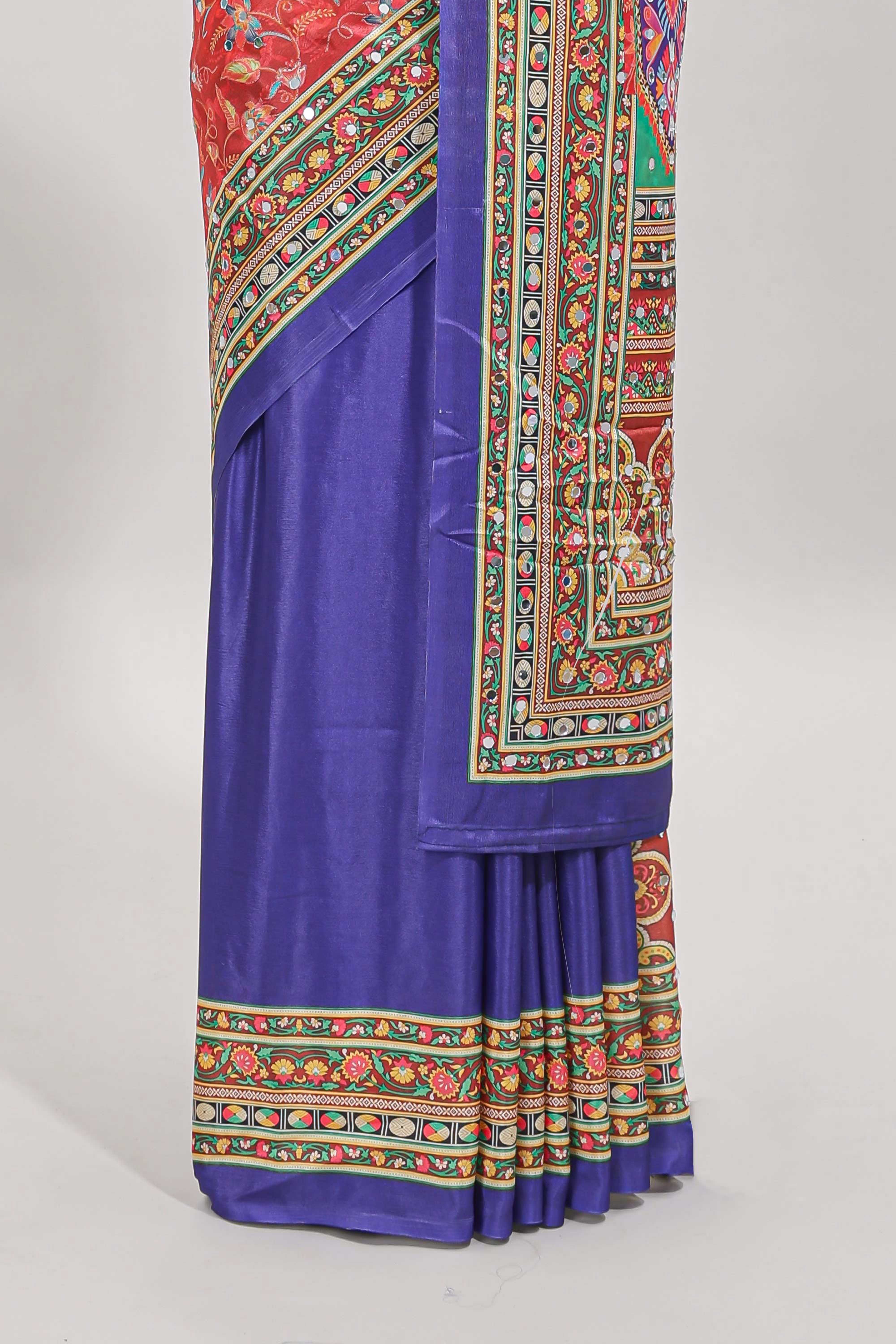 Violet floral design mirror work masakali saree with self border and matching blouse