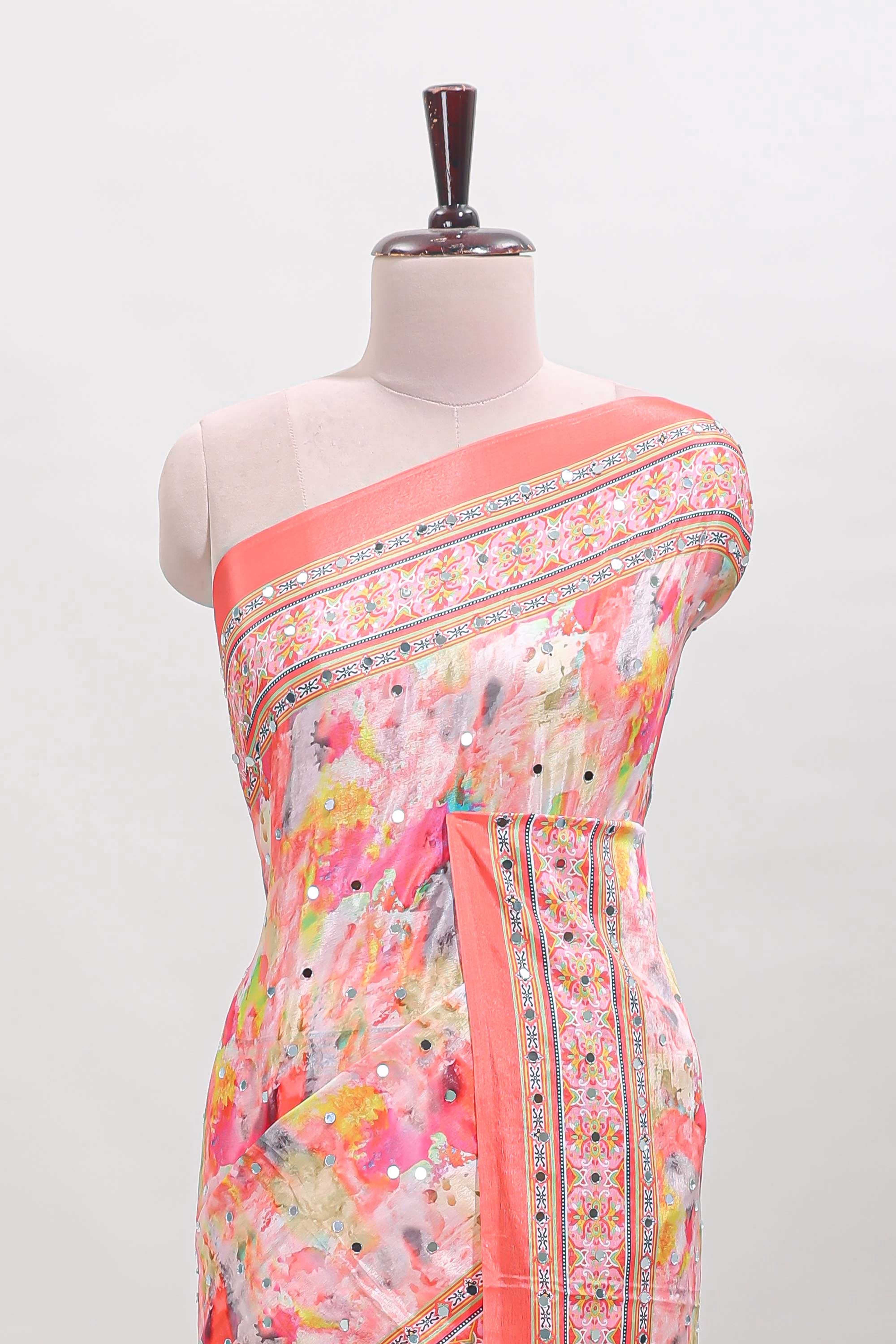 Pink floral design mirror work masakali saree with self border and matching blouse