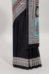 Black floral design mirror work masakali saree with self border and matching blouse