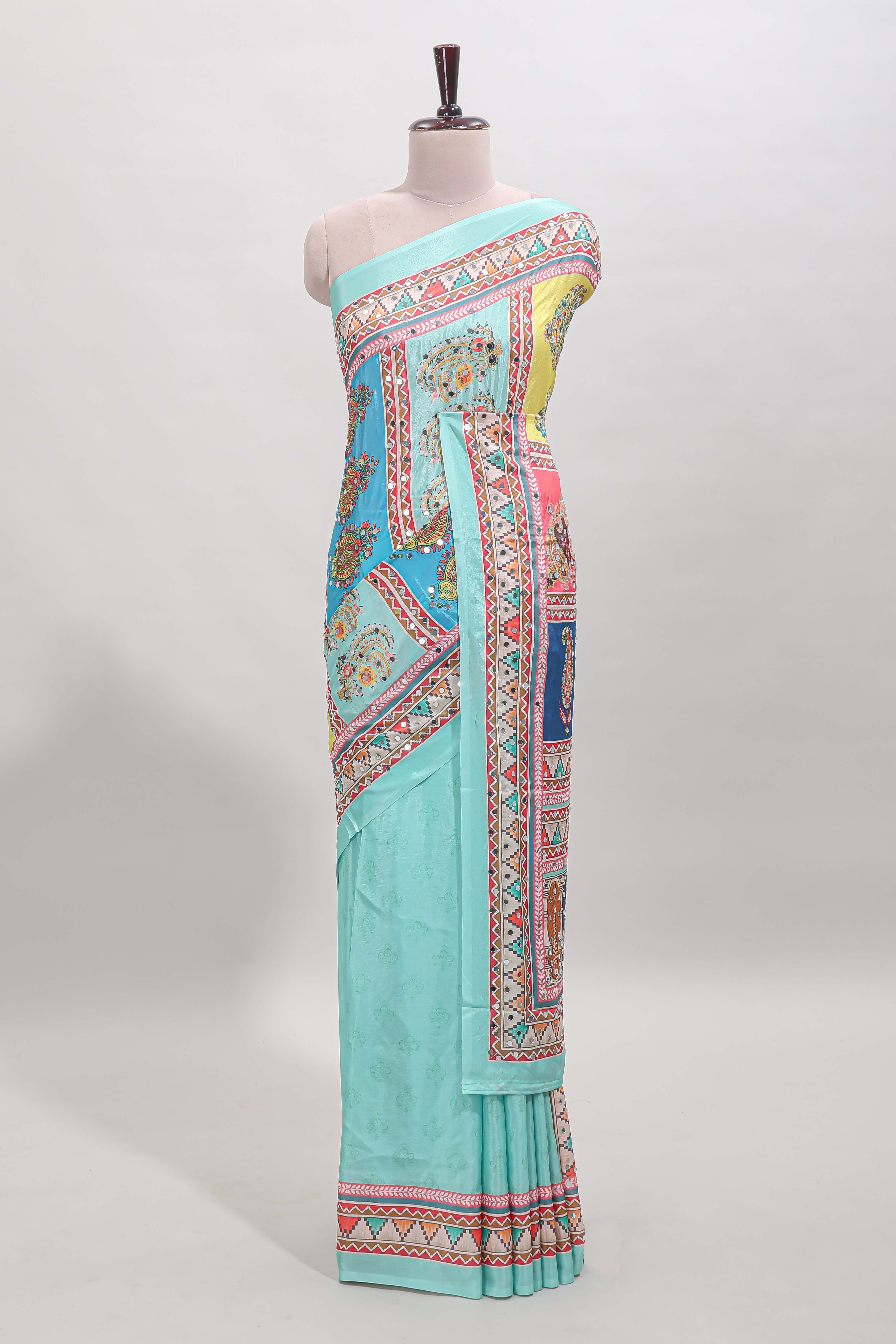 Turquiose blue floral design mirror work masakali saree with self border and matching blouse