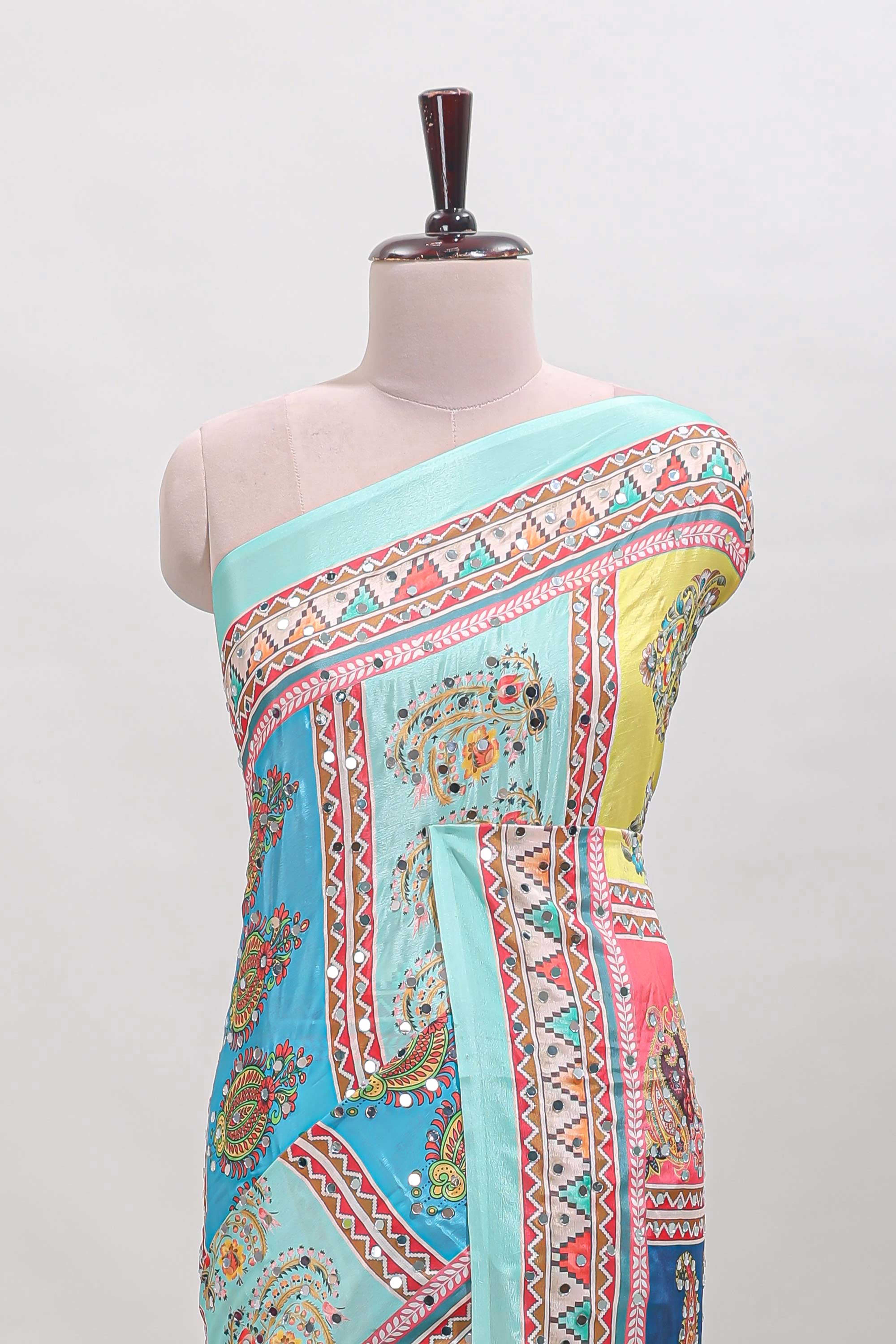 Turquiose blue floral design mirror work masakali saree with self border and matching blouse