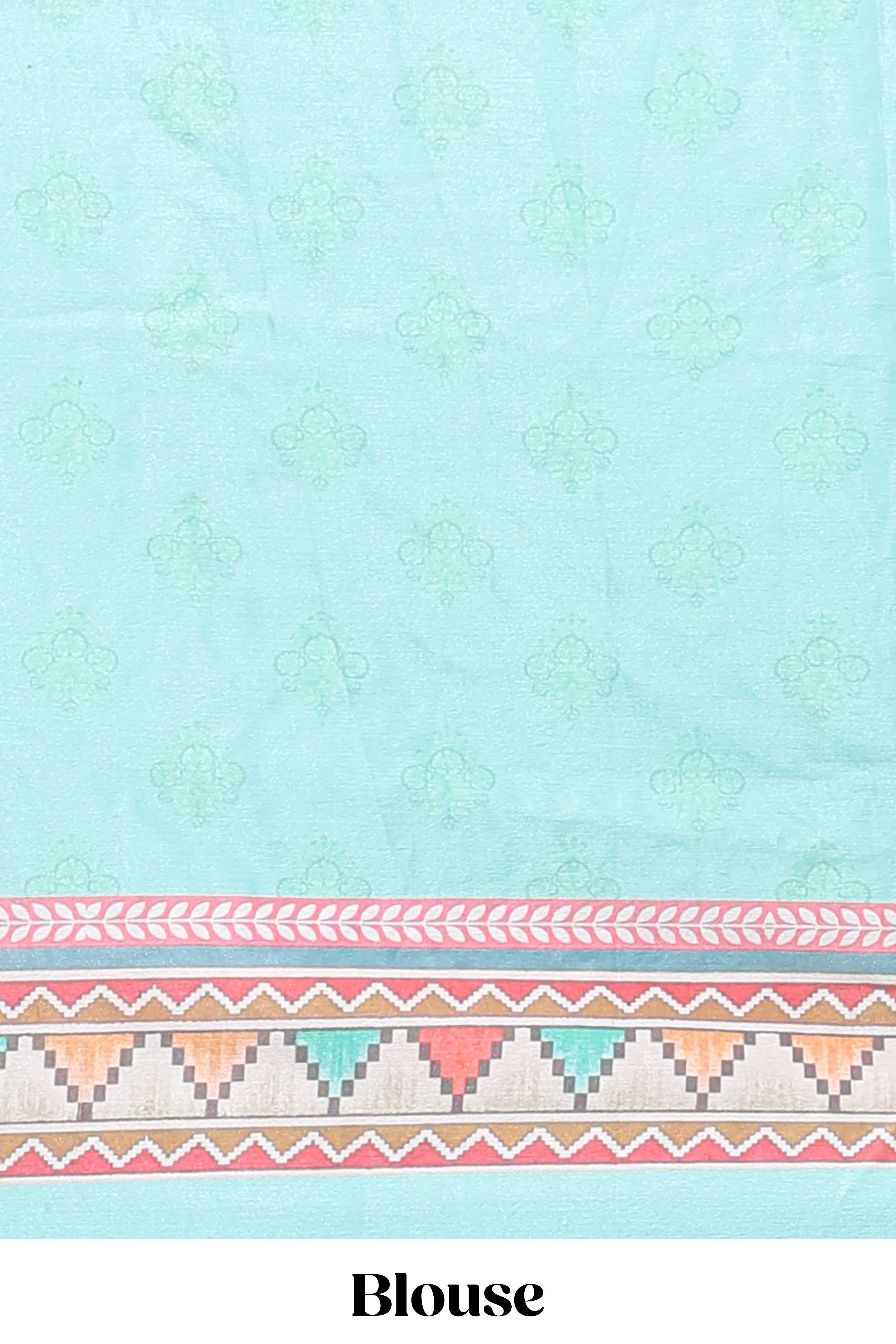 Turquiose blue floral design mirror work masakali saree with self border and matching blouse