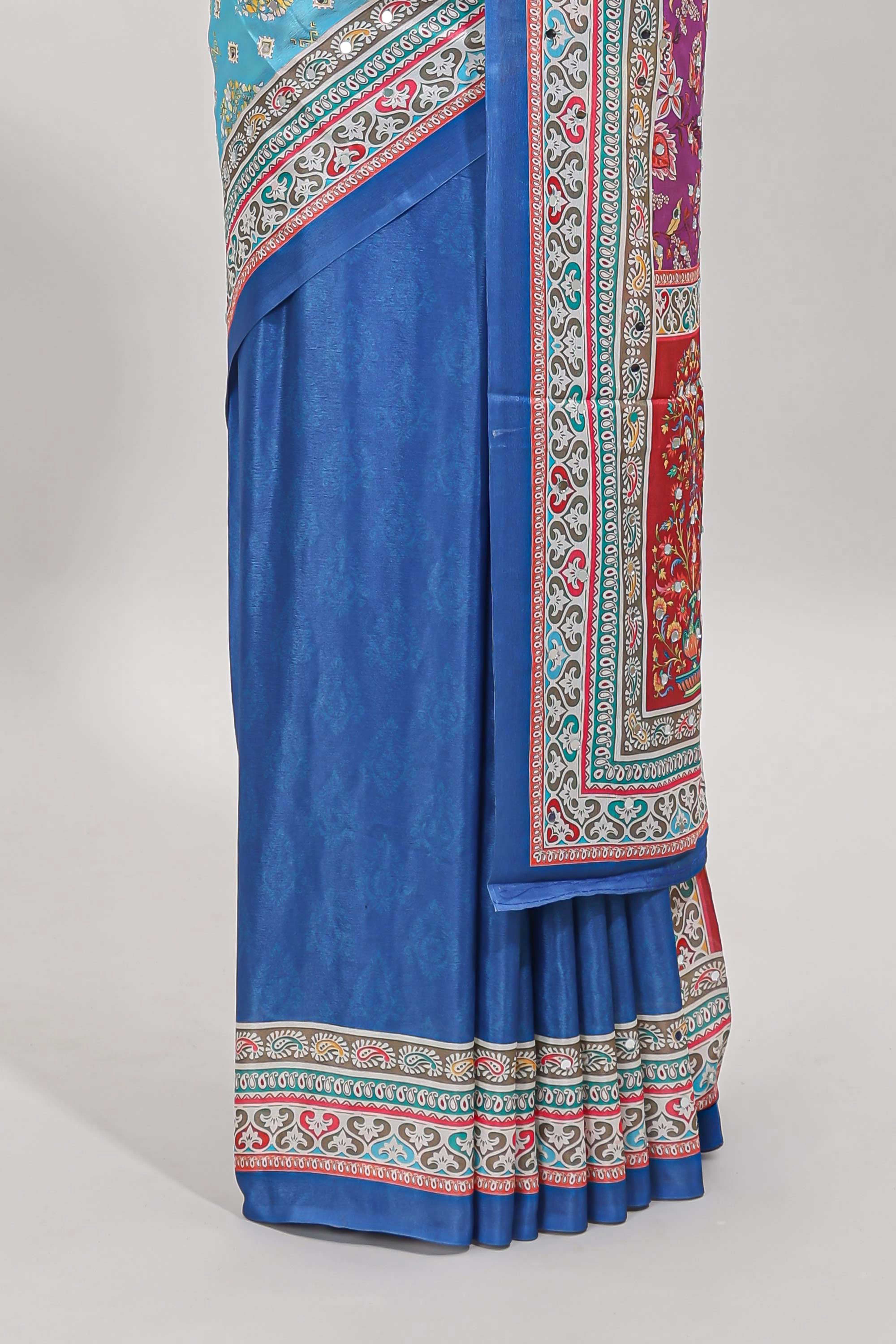 Royal blue floral design mirror work masakali saree with self border and matching blouse