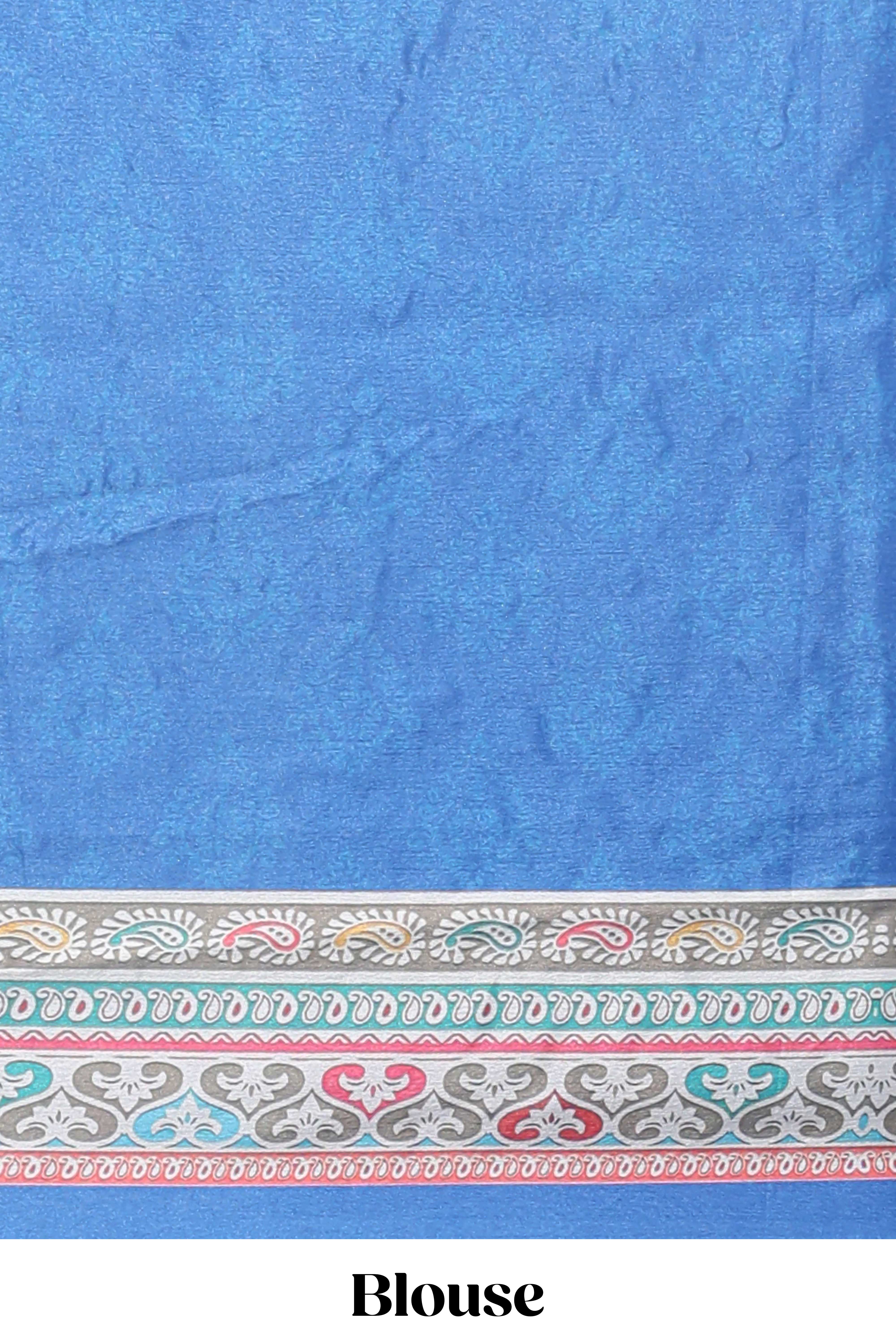 Royal blue floral design mirror work masakali saree with self border and matching blouse
