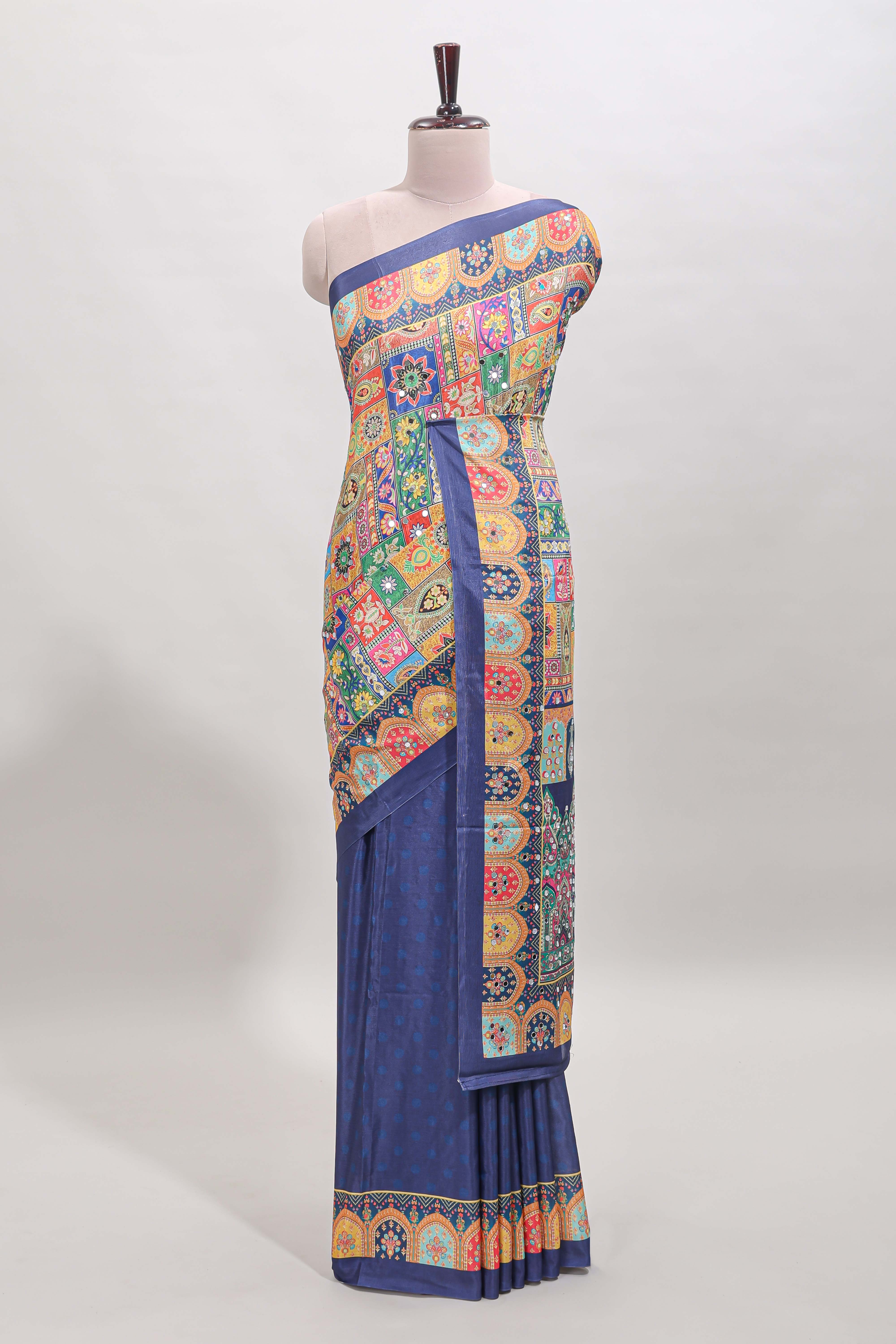 Dark blue floral design mirror work masakali saree with self border and matching blouse