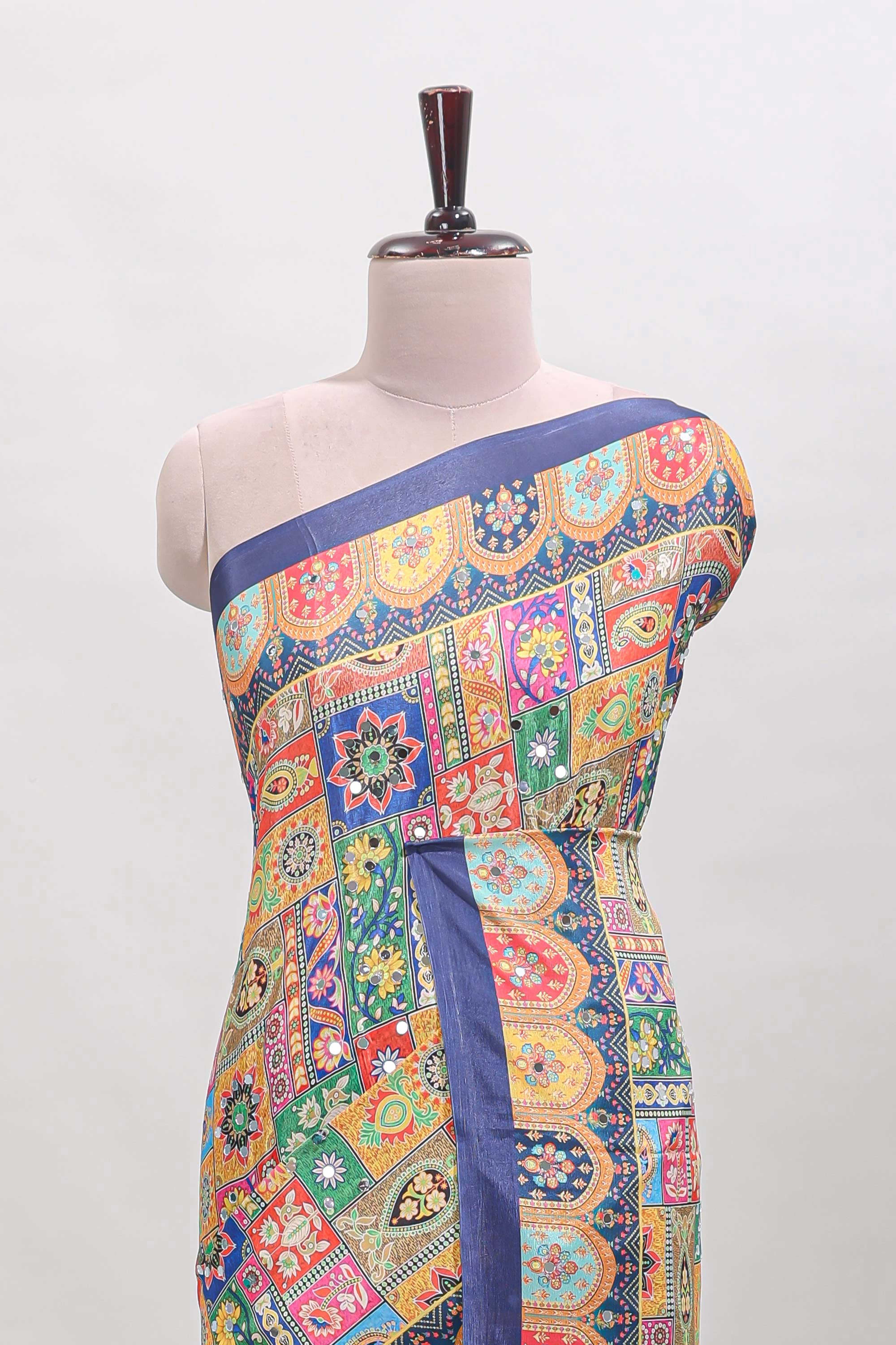 Dark blue floral design mirror work masakali saree with self border and matching blouse